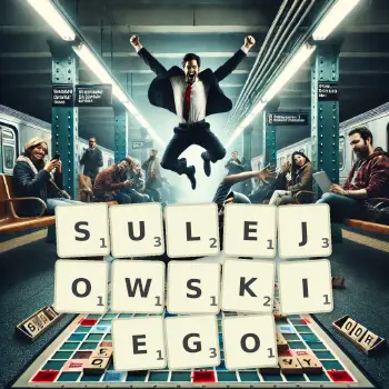 Kreatywna ilustracja do gry w Scrabble ze słowem SULEJOWSKIEGO ułożonym z płytek na planszy.