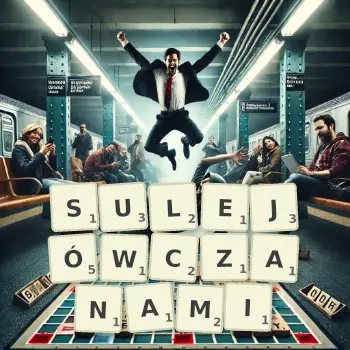 Kreatywna ilustracja do gry w Scrabble ze słowem SULEJÓWCZANAMI ułożonym z płytek na planszy.