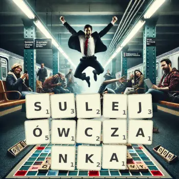 Kreatywna ilustracja do gry w Scrabble ze słowem SULEJÓWCZANKA ułożonym z płytek na planszy.