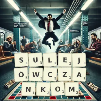 Kreatywna ilustracja do gry w Scrabble ze słowem SULEJÓWCZANKOM ułożonym z płytek na planszy.