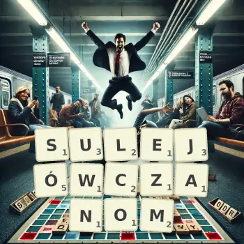 Kreatywna ilustracja do gry w Scrabble ze słowem SULEJÓWCZANOM ułożonym z płytek na planszy.