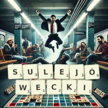 Kreatywna ilustracja do gry w Scrabble ze słowem SULEJÓWECKI ułożonym z płytek na planszy.