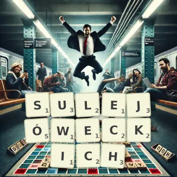 Kreatywna ilustracja do gry w Scrabble ze słowem SULEJÓWECKICH ułożonym z płytek na planszy.