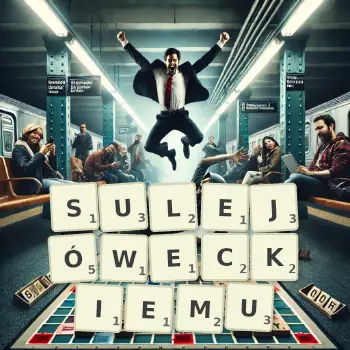 Kreatywna ilustracja do gry w Scrabble ze słowem SULEJÓWECKIEMU ułożonym z płytek na planszy.