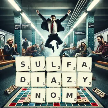 Kreatywna ilustracja do gry w Scrabble ze słowem SULFADIAZYNOM ułożonym z płytek na planszy.