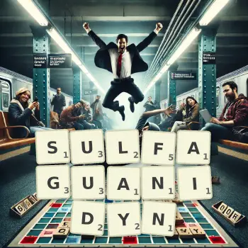 Kreatywna ilustracja do gry w Scrabble ze słowem SULFAGUANIDYN ułożonym z płytek na planszy.