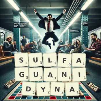 Kreatywna ilustracja do gry w Scrabble ze słowem SULFAGUANIDYNA ułożonym z płytek na planszy.