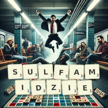 Kreatywna ilustracja do gry w Scrabble ze słowem SULFAMIDZIE ułożonym z płytek na planszy.