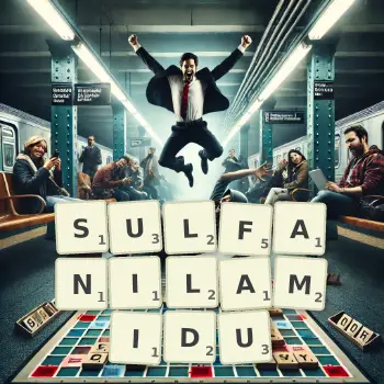 Kreatywna ilustracja do gry w Scrabble ze słowem SULFANILAMIDU ułożonym z płytek na planszy.