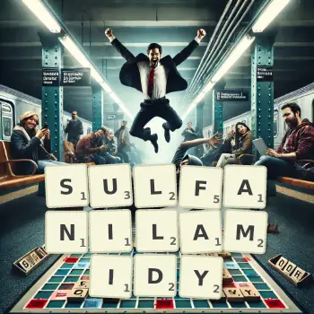 Kreatywna ilustracja do gry w Scrabble ze słowem SULFANILAMIDY ułożonym z płytek na planszy.