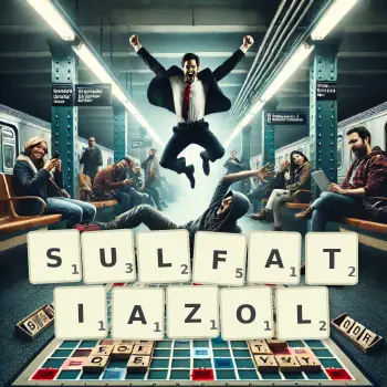 Kreatywna ilustracja do gry w Scrabble ze słowem SULFATIAZOL ułożonym z płytek na planszy.