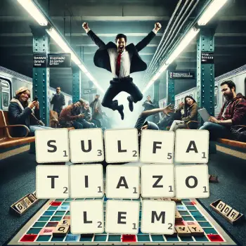 Kreatywna ilustracja do gry w Scrabble ze słowem SULFATIAZOLEM ułożonym z płytek na planszy.