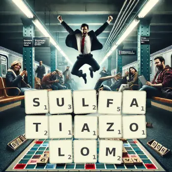 Kreatywna ilustracja do gry w Scrabble ze słowem SULFATIAZOLOM ułożonym z płytek na planszy.