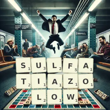 Kreatywna ilustracja do gry w Scrabble ze słowem SULFATIAZOLOW ułożonym z płytek na planszy.