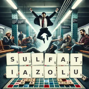 Kreatywna ilustracja do gry w Scrabble ze słowem SULFATIAZOLU ułożonym z płytek na planszy.