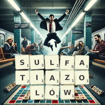 Kreatywna ilustracja do gry w Scrabble ze słowem SULFATIAZOLÓW ułożonym z płytek na planszy.