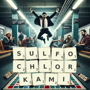 Kreatywna ilustracja do gry w Scrabble ze słowem SULFOCHLORKAMI ułożonym z płytek na planszy.