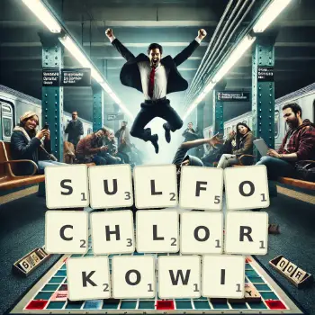 Kreatywna ilustracja do gry w Scrabble ze słowem SULFOCHLORKOWI ułożonym z płytek na planszy.