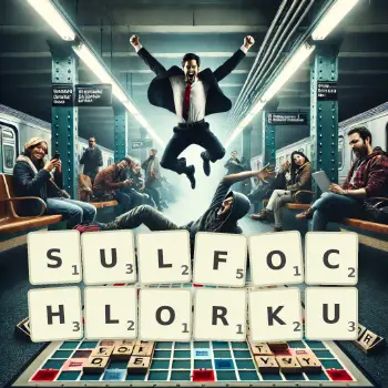 Kreatywna ilustracja do gry w Scrabble ze słowem SULFOCHLORKU ułożonym z płytek na planszy.