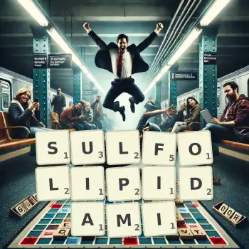 Kreatywna ilustracja do gry w Scrabble ze słowem SULFOLIPIDAMI ułożonym z płytek na planszy.