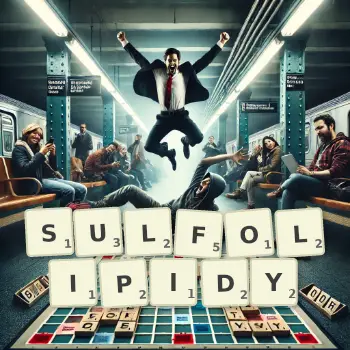 Kreatywna ilustracja do gry w Scrabble ze słowem SULFOLIPIDY ułożonym z płytek na planszy.