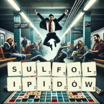 Kreatywna ilustracja do gry w Scrabble ze słowem SULFOLIPIDÓW ułożonym z płytek na planszy.