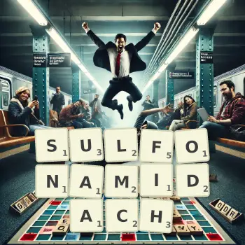 Kreatywna ilustracja do gry w Scrabble ze słowem SULFONAMIDACH ułożonym z płytek na planszy.