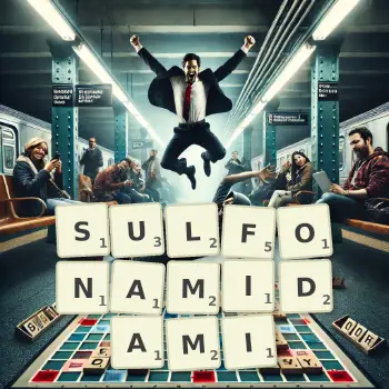 Kreatywna ilustracja do gry w Scrabble ze słowem SULFONAMIDAMI ułożonym z płytek na planszy.