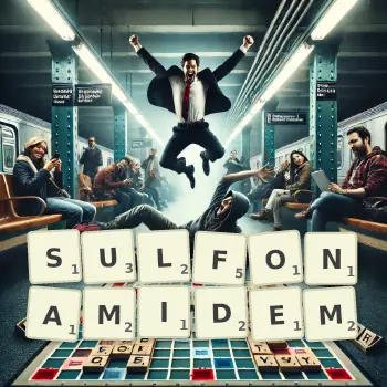 Kreatywna ilustracja do gry w Scrabble ze słowem SULFONAMIDEM ułożonym z płytek na planszy.