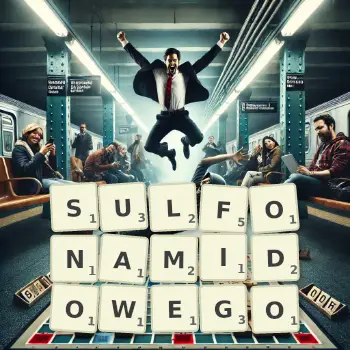 Kreatywna ilustracja do gry w Scrabble ze słowem SULFONAMIDOWEGO ułożonym z płytek na planszy.