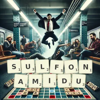 Kreatywna ilustracja do gry w Scrabble ze słowem SULFONAMIDU ułożonym z płytek na planszy.