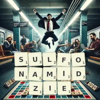 Kreatywna ilustracja do gry w Scrabble ze słowem SULFONAMIDZIE ułożonym z płytek na planszy.