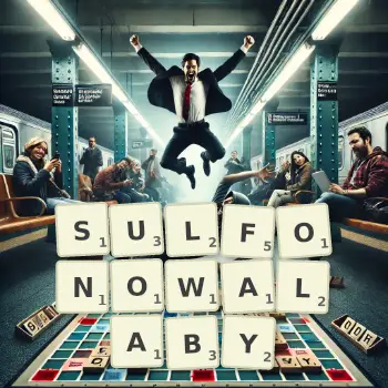 Kreatywna ilustracja do gry w Scrabble ze słowem SULFONOWALABY ułożonym z płytek na planszy.