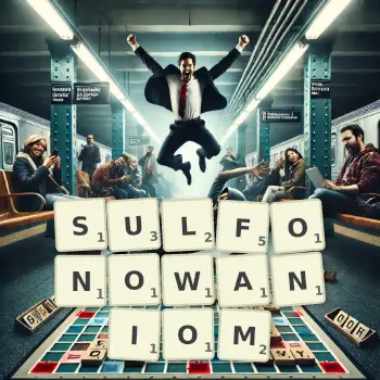 Kreatywna ilustracja do gry w Scrabble ze słowem SULFONOWANIOM ułożonym z płytek na planszy.