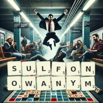 Kreatywna ilustracja do gry w Scrabble ze słowem SULFONOWANYM ułożonym z płytek na planszy.