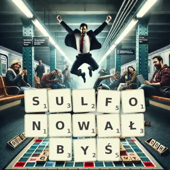 Kreatywna ilustracja do gry w Scrabble ze słowem SULFONOWAŁBYŚ ułożonym z płytek na planszy.