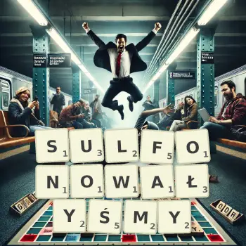 Kreatywna ilustracja do gry w Scrabble ze słowem SULFONOWAŁYŚMY ułożonym z płytek na planszy.