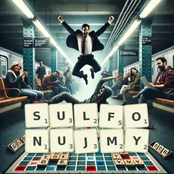 Kreatywna ilustracja do gry w Scrabble ze słowem SULFONUJMY ułożonym z płytek na planszy.