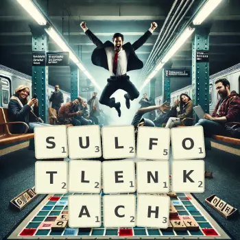 Kreatywna ilustracja do gry w Scrabble ze słowem SULFOTLENKACH ułożonym z płytek na planszy.