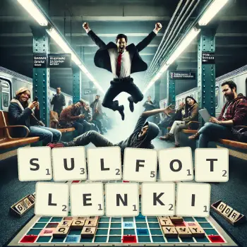 Kreatywna ilustracja do gry w Scrabble ze słowem SULFOTLENKI ułożonym z płytek na planszy.