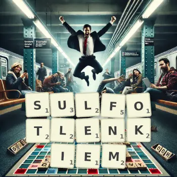 Kreatywna ilustracja do gry w Scrabble ze słowem SULFOTLENKIEM ułożonym z płytek na planszy.