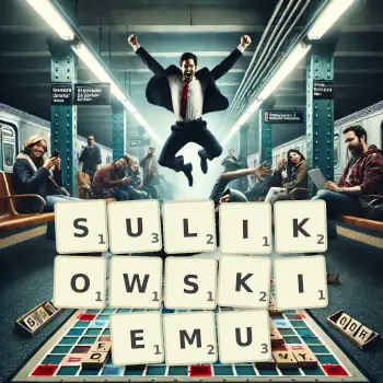 Kreatywna ilustracja do gry w Scrabble ze słowem SULIKOWSKIEMU ułożonym z płytek na planszy.