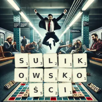Kreatywna ilustracja do gry w Scrabble ze słowem SULIKOWSKOŚCI ułożonym z płytek na planszy.