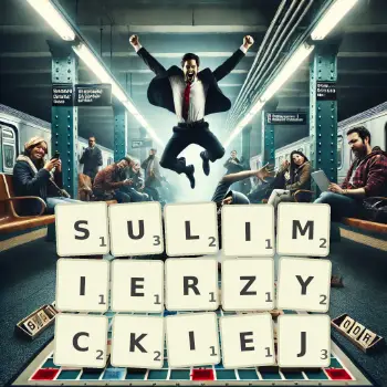 Kreatywna ilustracja do gry w Scrabble ze słowem SULIMIERZYCKIEJ ułożonym z płytek na planszy.