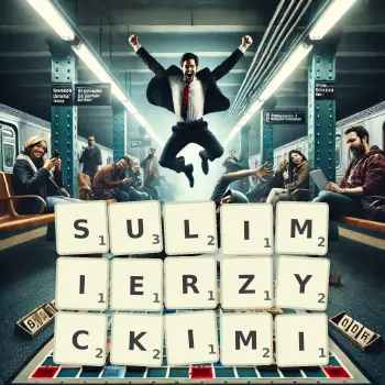 Kreatywna ilustracja do gry w Scrabble ze słowem SULIMIERZYCKIMI ułożonym z płytek na planszy.