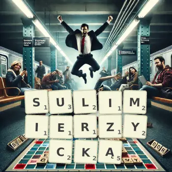 Kreatywna ilustracja do gry w Scrabble ze słowem SULIMIERZYCKĄ ułożonym z płytek na planszy.