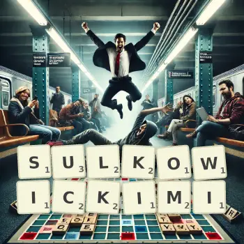 Kreatywna ilustracja do gry w Scrabble ze słowem SULKOWICKIMI ułożonym z płytek na planszy.