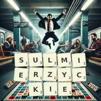 Kreatywna ilustracja do gry w Scrabble ze słowem SULMIERZYCKIE ułożonym z płytek na planszy.