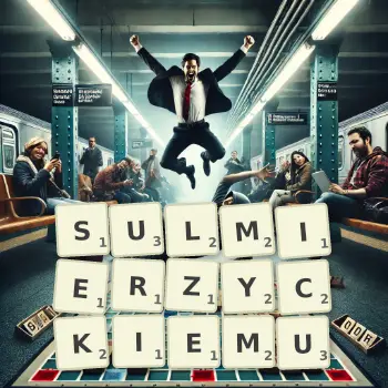 Kreatywna ilustracja do gry w Scrabble ze słowem SULMIERZYCKIEMU ułożonym z płytek na planszy.