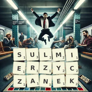 Kreatywna ilustracja do gry w Scrabble ze słowem SULMIERZYCZANEK ułożonym z płytek na planszy.